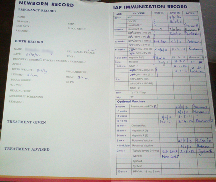 Immunization card issued by Indian Academy of Pediatrics