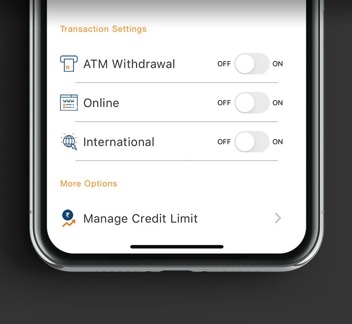 ICICI Bank Mobile App interface for Credit Card with toggle buttons