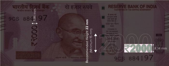Figure 3 Scaling the largest denomination numeral for INR 2000 (8.34mm height) to the recommended size of 22 mm without the rupee symbol